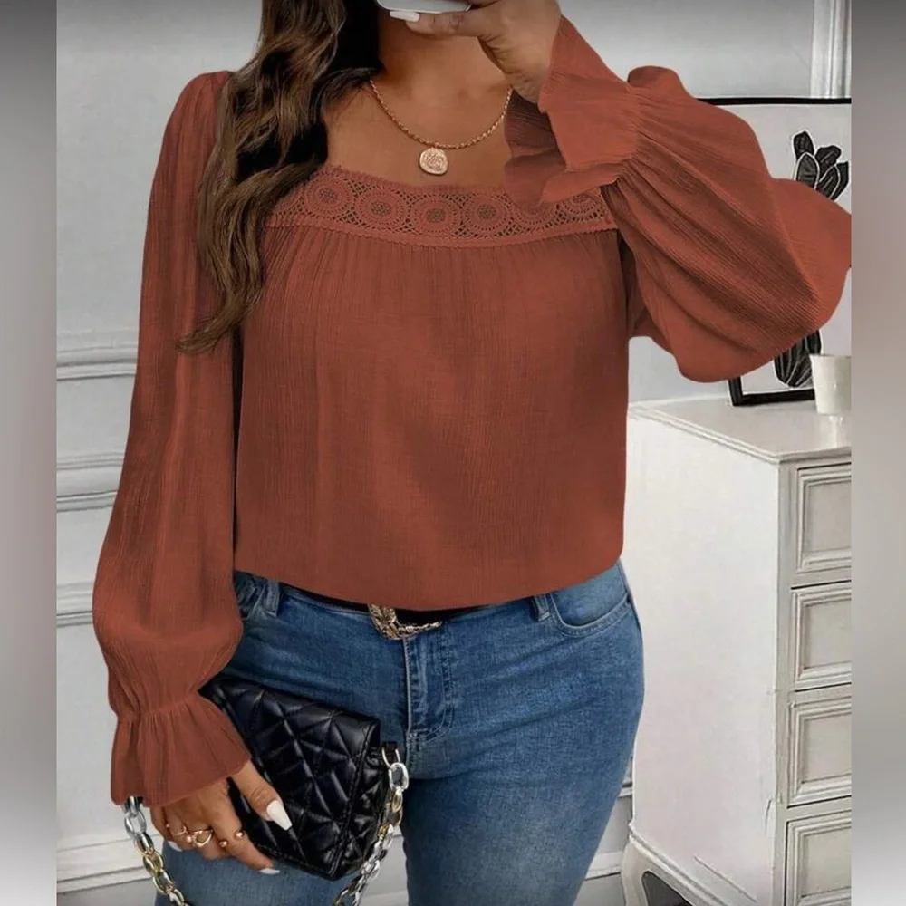 Elegant Red Lace Trim Women's Top